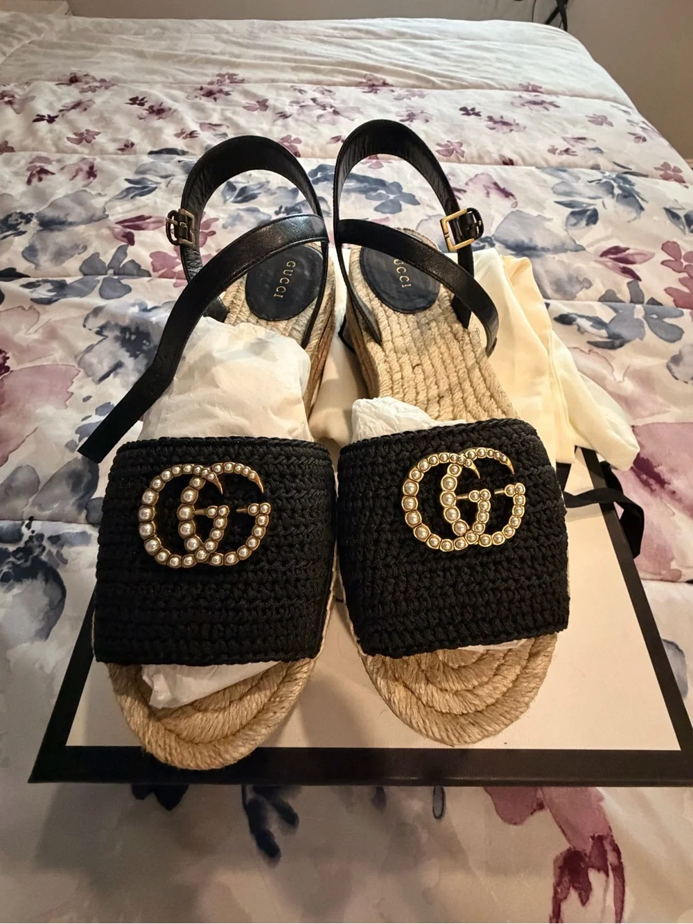 Gucci Black crochet espadrille wedges with Pearl GG Logo and Jute Sole NWOT
